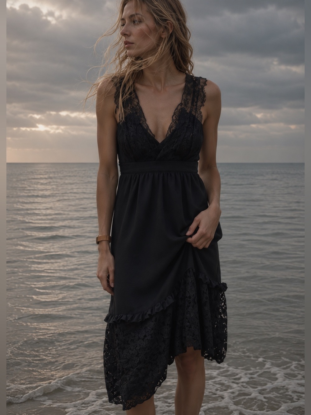 BCBG MaxAzria Black 100% Silk Lace V-Neck Sleeves Curtain Hem Slip Midi Dress